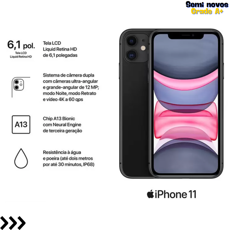 iPhone 11 - 64GB - Tela 6,1” - Camera 12MP - iOS - Preto- SEMINOVO