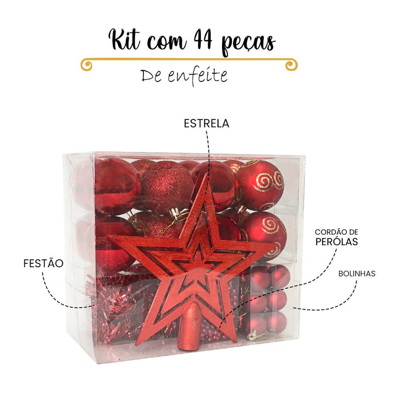 Kit com 44 Peças de Enfeite Natalino com Estrela, Bolinhas, Festão e Cordão de Pérolas - Vermelho