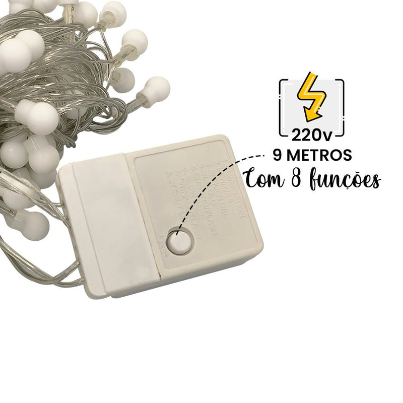 Cordão Led Fio Luz Varal 8 Funções com 100 Bolinhas Branco Quente 220v