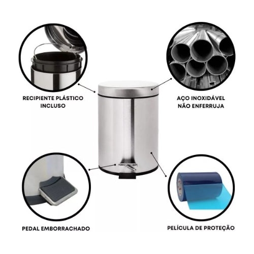 Cesto De Lixo 3lts 100% Inox C/ Pedal Banheiro E Cozinha