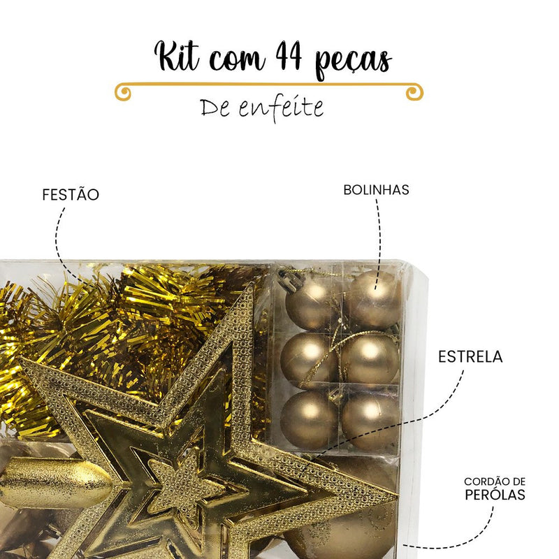 Kit com 44 Peças de Enfeite Natalino com Estrela, Bolinhas, Festão e Cordão de Pérolas - Dourado