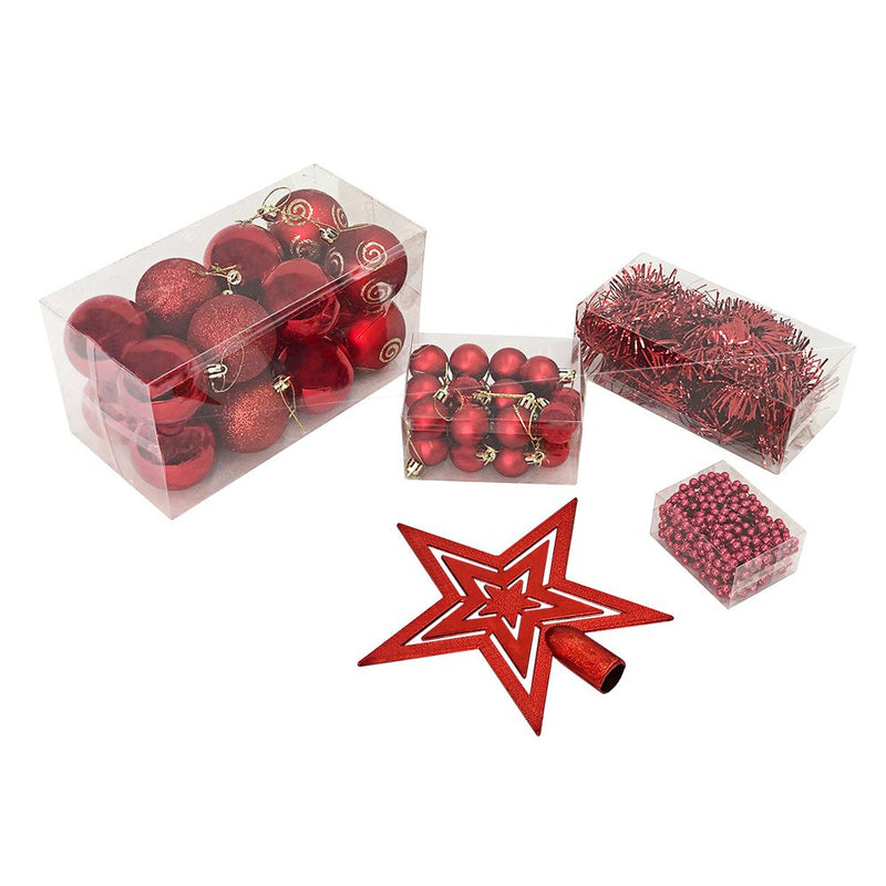 Kit com 44 Peças de Enfeite Natalino com Estrela, Bolinhas, Festão e Cordão de Pérolas - Vermelho