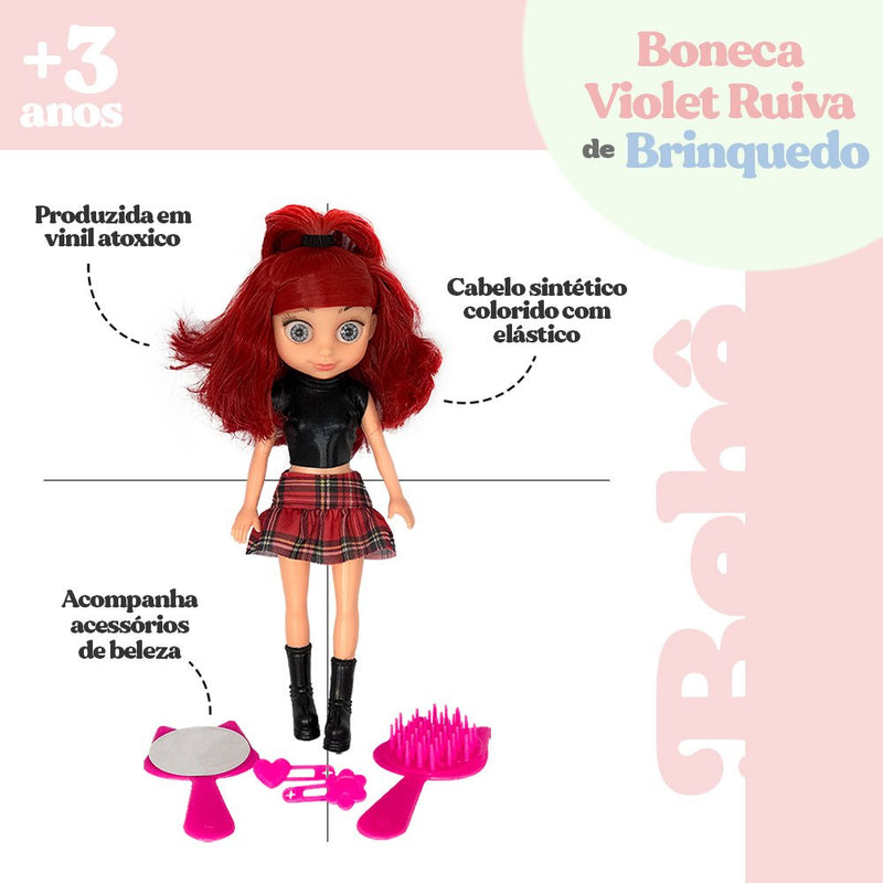 Boneca Violet Ruiva 30cm com Acessórios como Pente Espelho e Prendedores de Cabelo