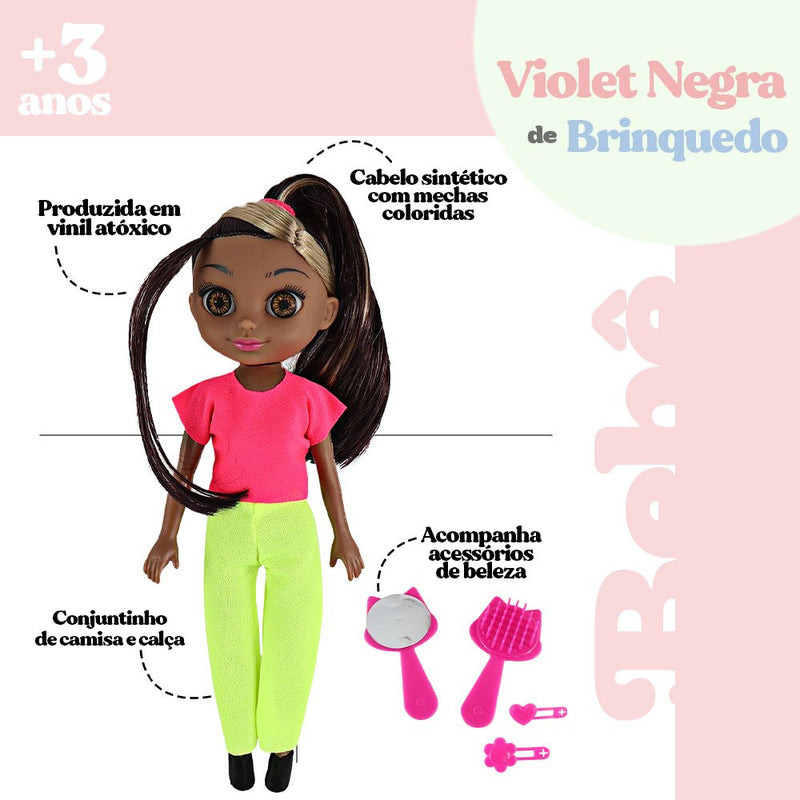 Boneca Violet Negra 30cm com Acessórios como Pente Espelho e Prendedores de Cabelo