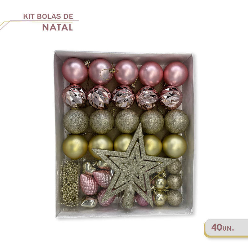 Kit Enfeites de Natal Bolas Estrela Dourado e Rosa Completo