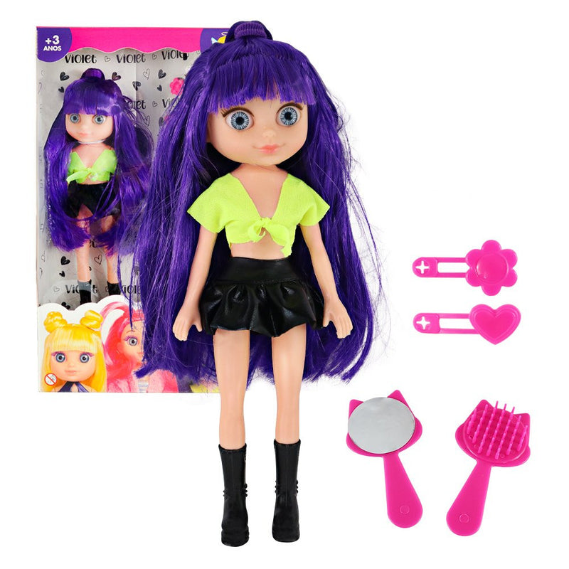 Boneca Violet Purple Roxa 30cm com Acessórios como Pente Espelho e Prendedores de Cabelo