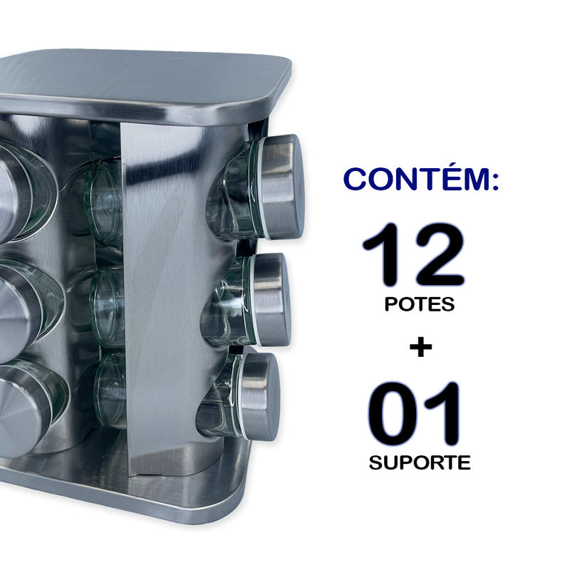 Porta Tempero e Condimentos Giratório Inox 12 Potes