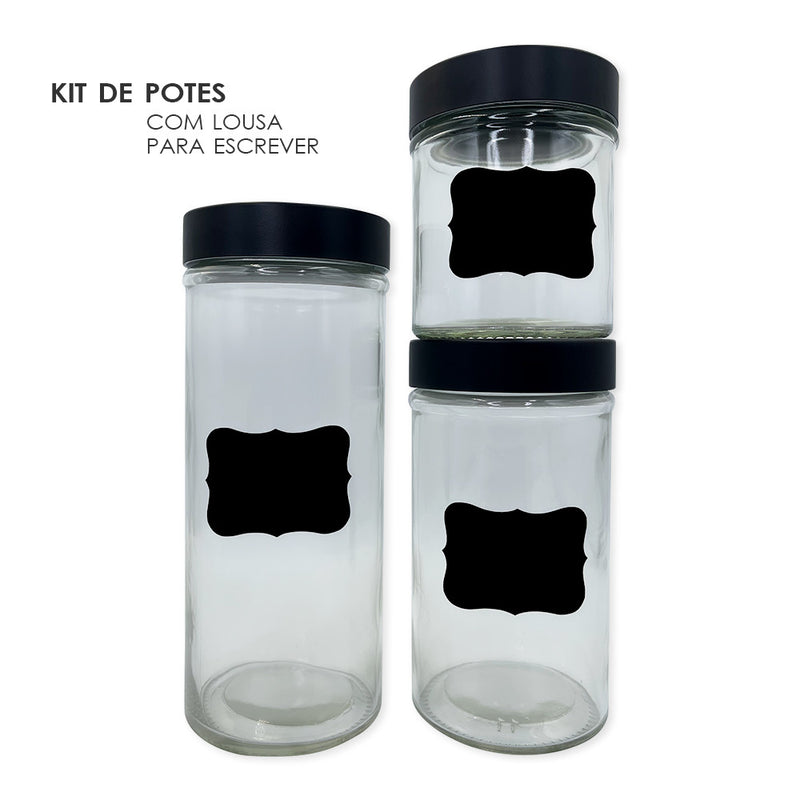 Conjunto 3 Potes Vidro Com Tampa E Adesivo Lousa P/ Escrever