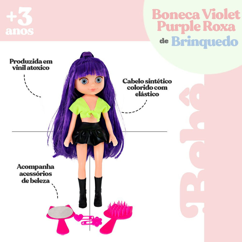 Boneca Violet Purple Roxa 30cm com Acessórios como Pente Espelho e Prendedores de Cabelo