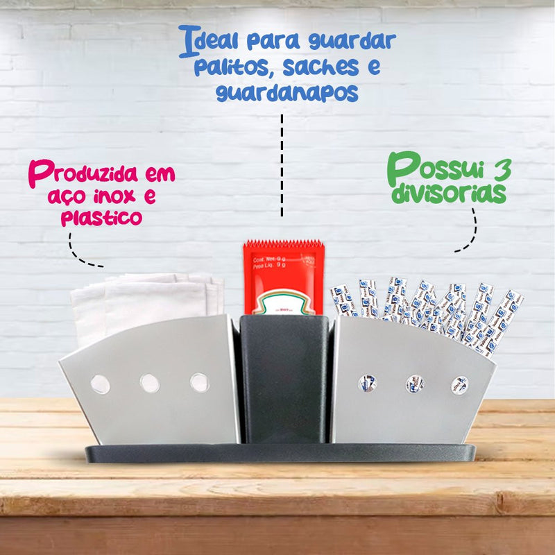 Porta Sachês de Inox com Suporte para Palitos de Dente para Açúcar, Sal, Ketchup