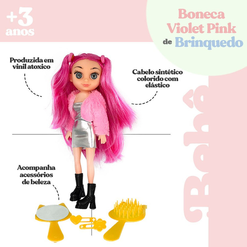 Boneca Violet Pink 30cm com Acessórios como Pente Espelho e Prendedores de Cabelo