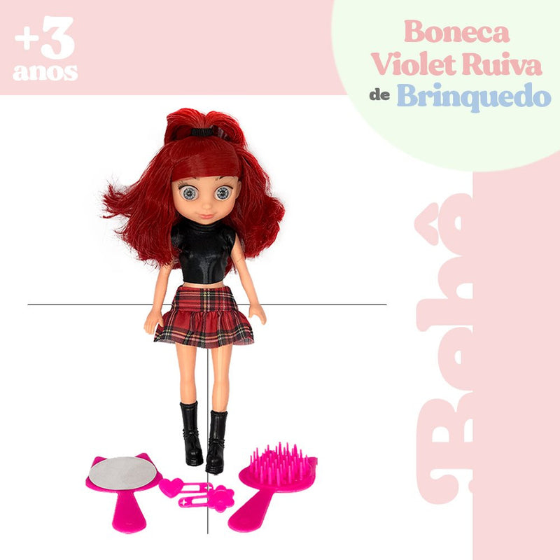 Boneca Violet Ruiva 30cm com Acessórios como Pente Espelho e Prendedores de Cabelo