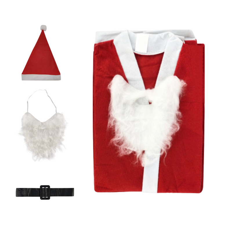 Roupa de Papai Noel de Feltro Tamanho Único com Blusão, Calça, Gorro, Cinto e Barba