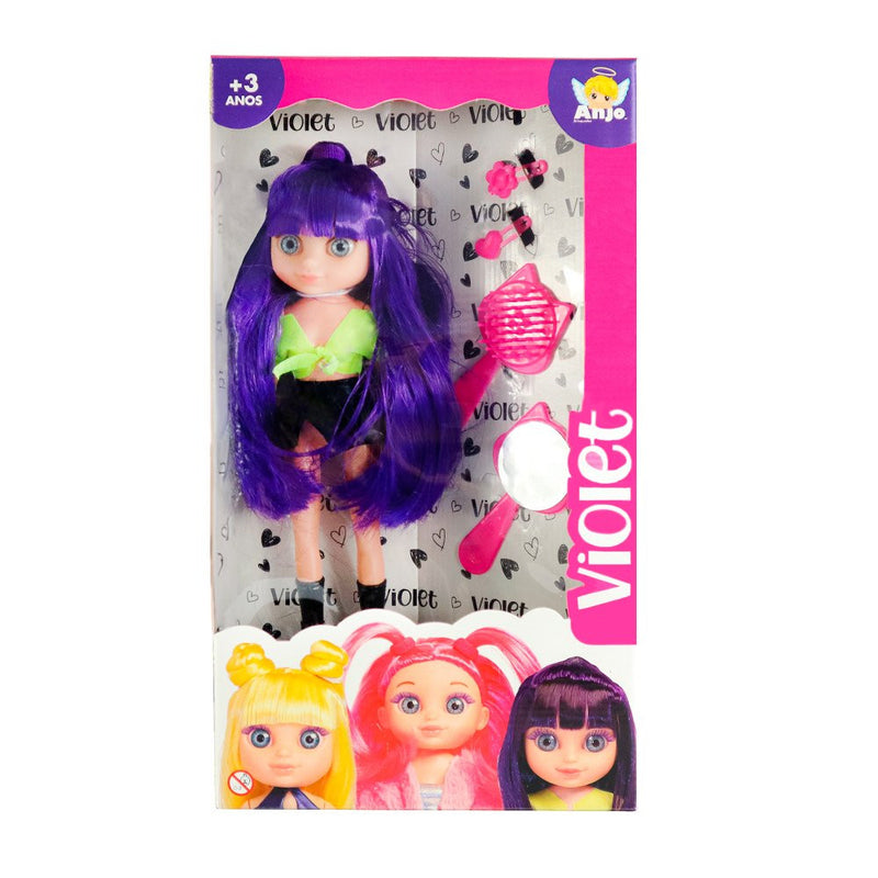 Boneca Violet Purple Roxa 30cm com Acessórios como Pente Espelho e Prendedores de Cabelo