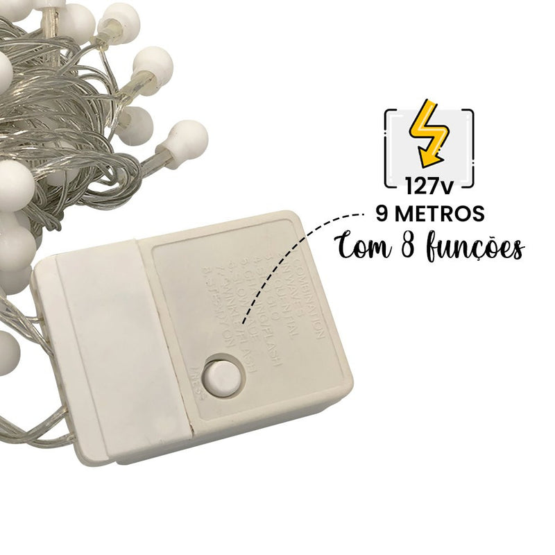 Cordão Led Fio Luz Varal 8 Funções com 100 Bolinhas Branco Quente 127v