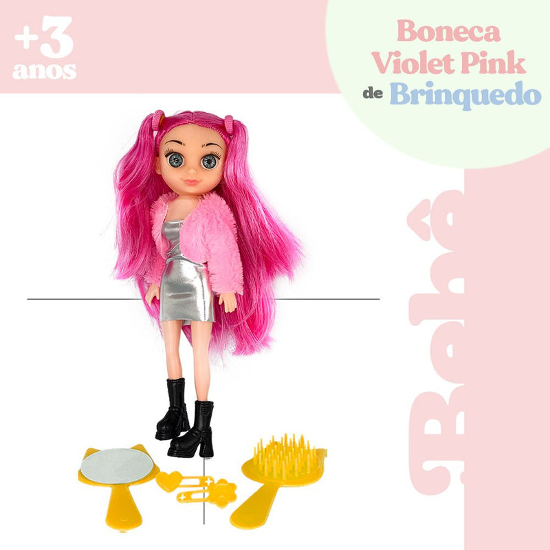 Boneca Violet Pink 30cm com Acessórios como Pente Espelho e Prendedores de Cabelo