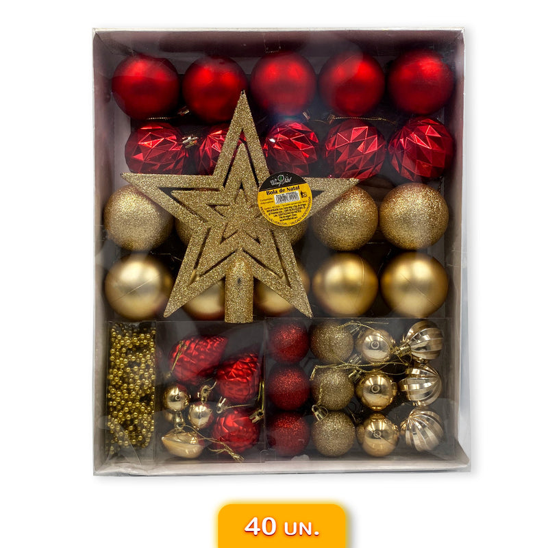 Kit Enfeites de Natal Bolas Estrela Dourado e Vermelho Completo