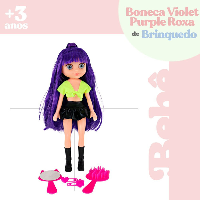 Boneca Violet Purple Roxa 30cm com Acessórios como Pente Espelho e Prendedores de Cabelo