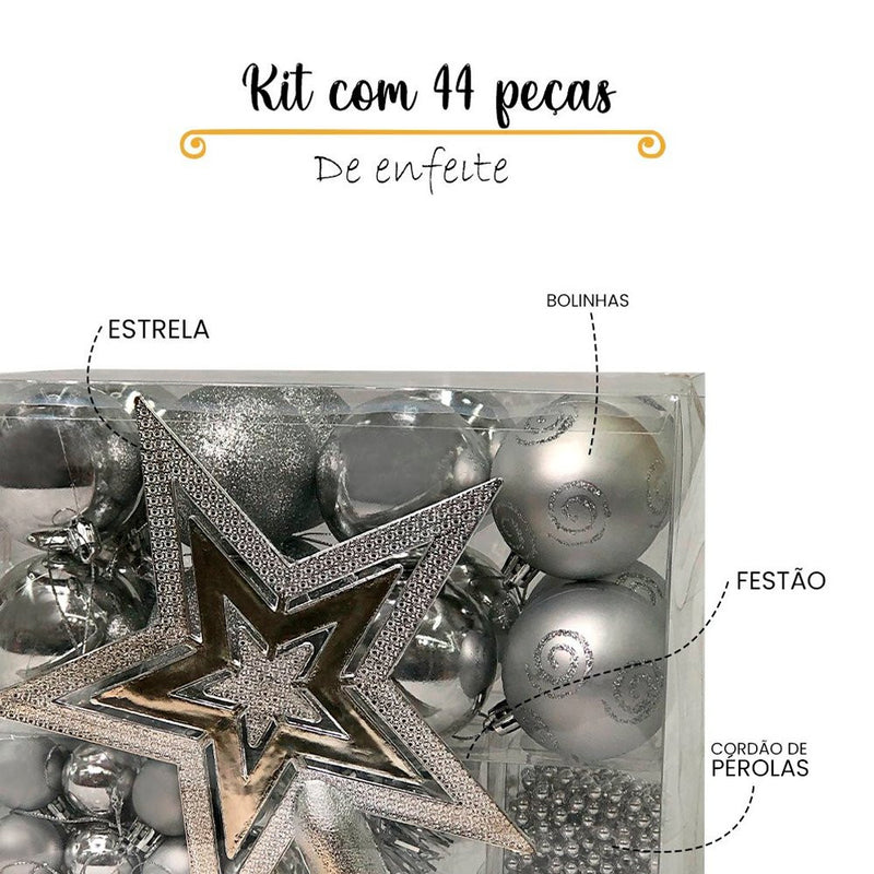 Kit com 44 Peças de Enfeite Natalino com Estrela, Bolinhas, Festão e Cordão de Pérolas - Prata